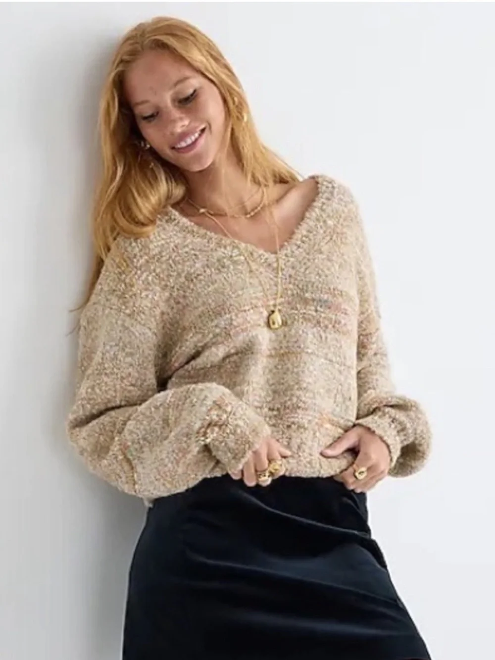 J. CREW Puff-sleeve V-neck sweater in space dye Wool Alpaca Blend